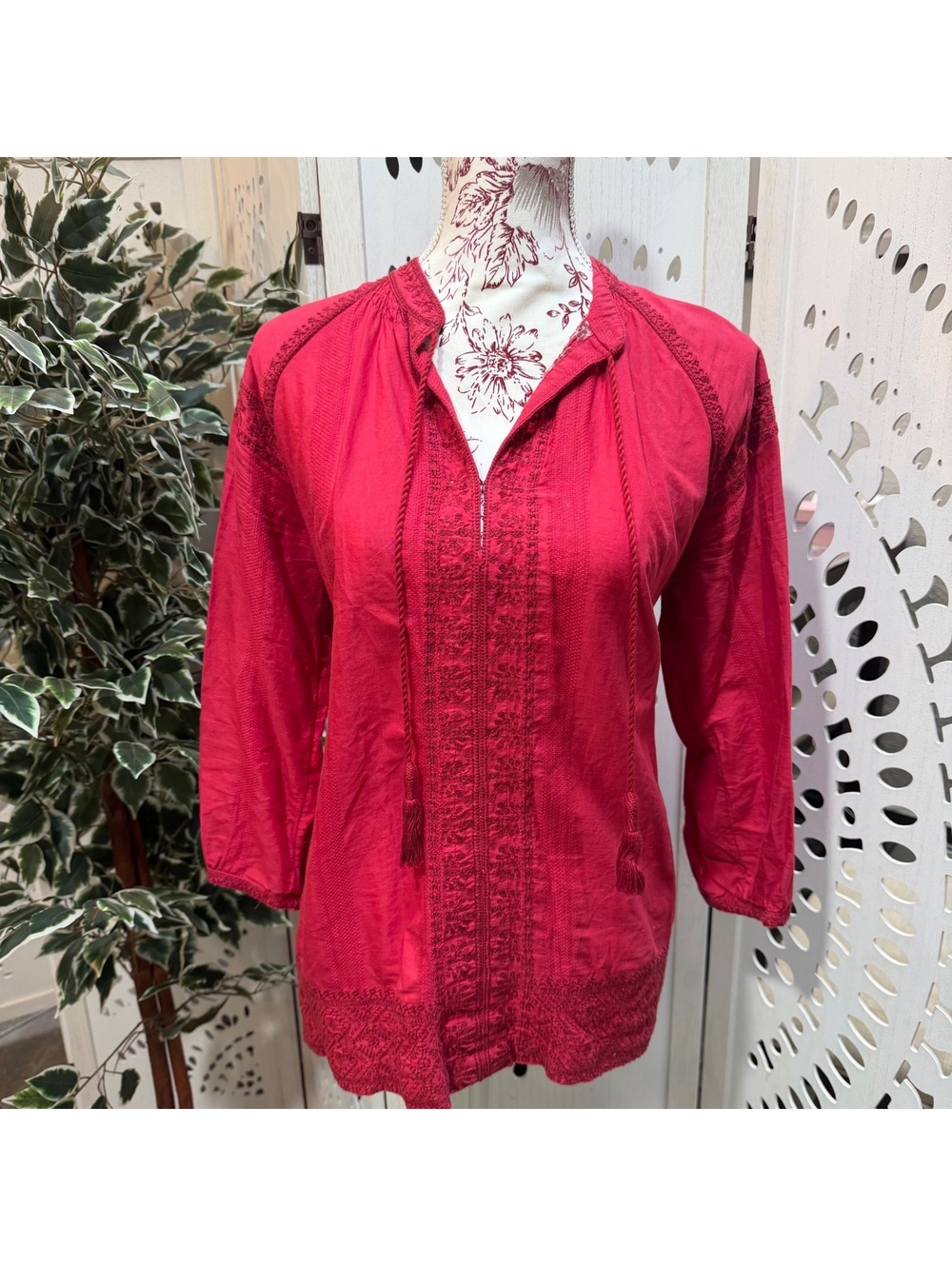 Madewell red embroidered top with tassels